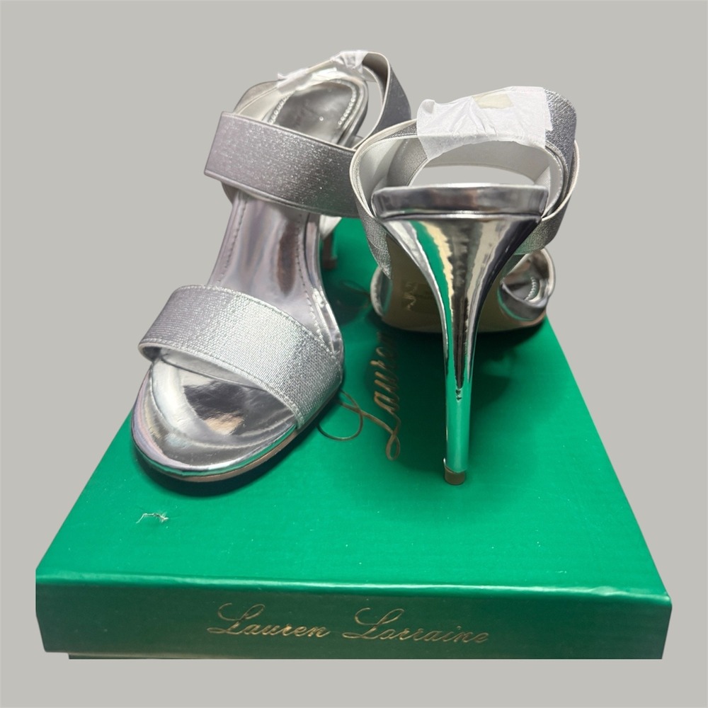 Lauren Lorraine Dallas Silver Metallic Stiletto Sandals Heels Size 5.5